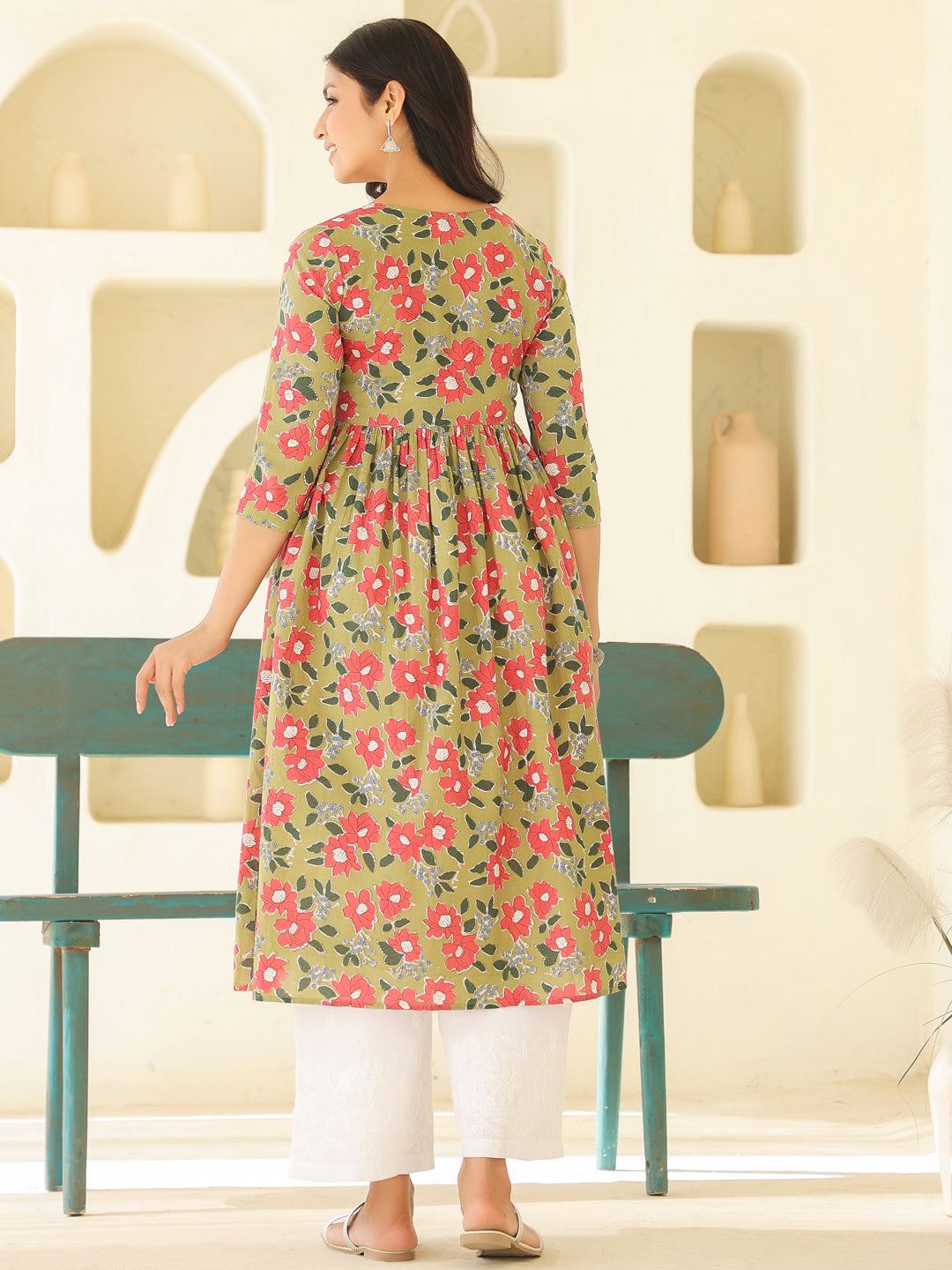 Sage Green Pure Cotton Floral Printed Gathered Maternity Kurta