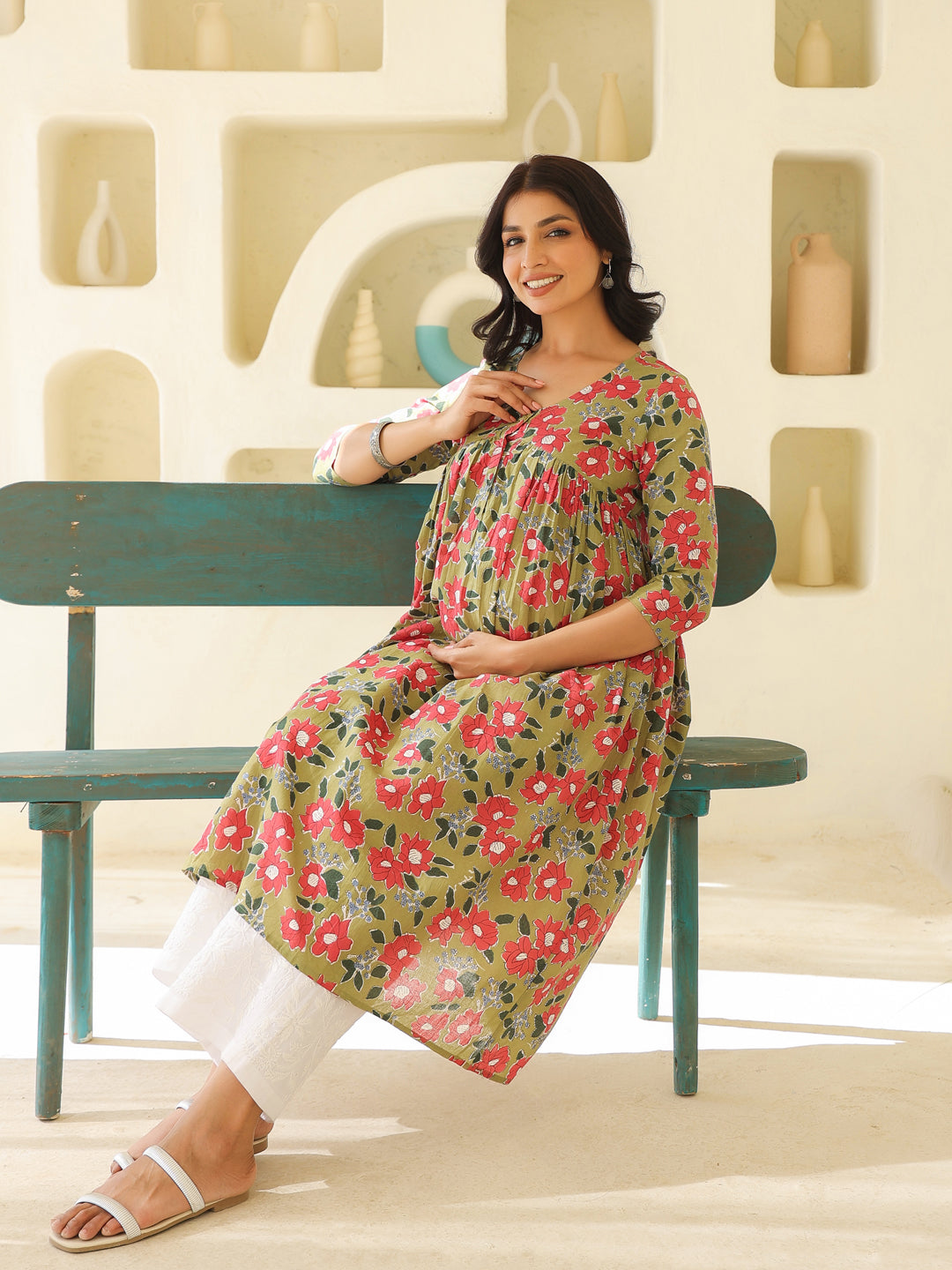 Sage Green Pure Cotton Floral Printed Gathered Maternity Kurta