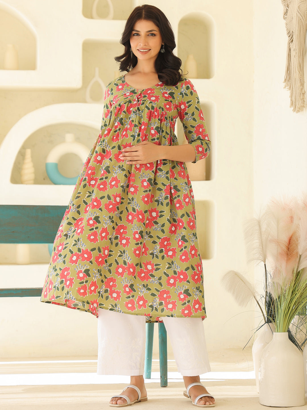 Sage Green Pure Cotton Floral Printed Gathered Maternity Kurta