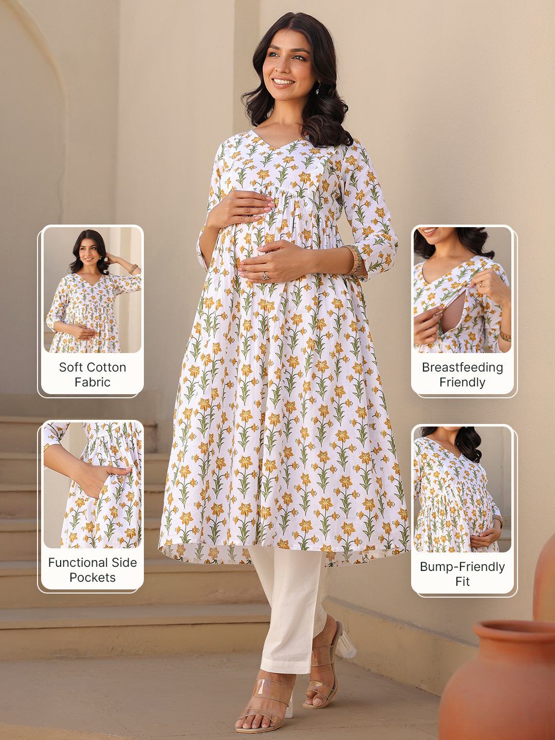 White Pure Cotton Floral Printed A-line Maternity Kurta