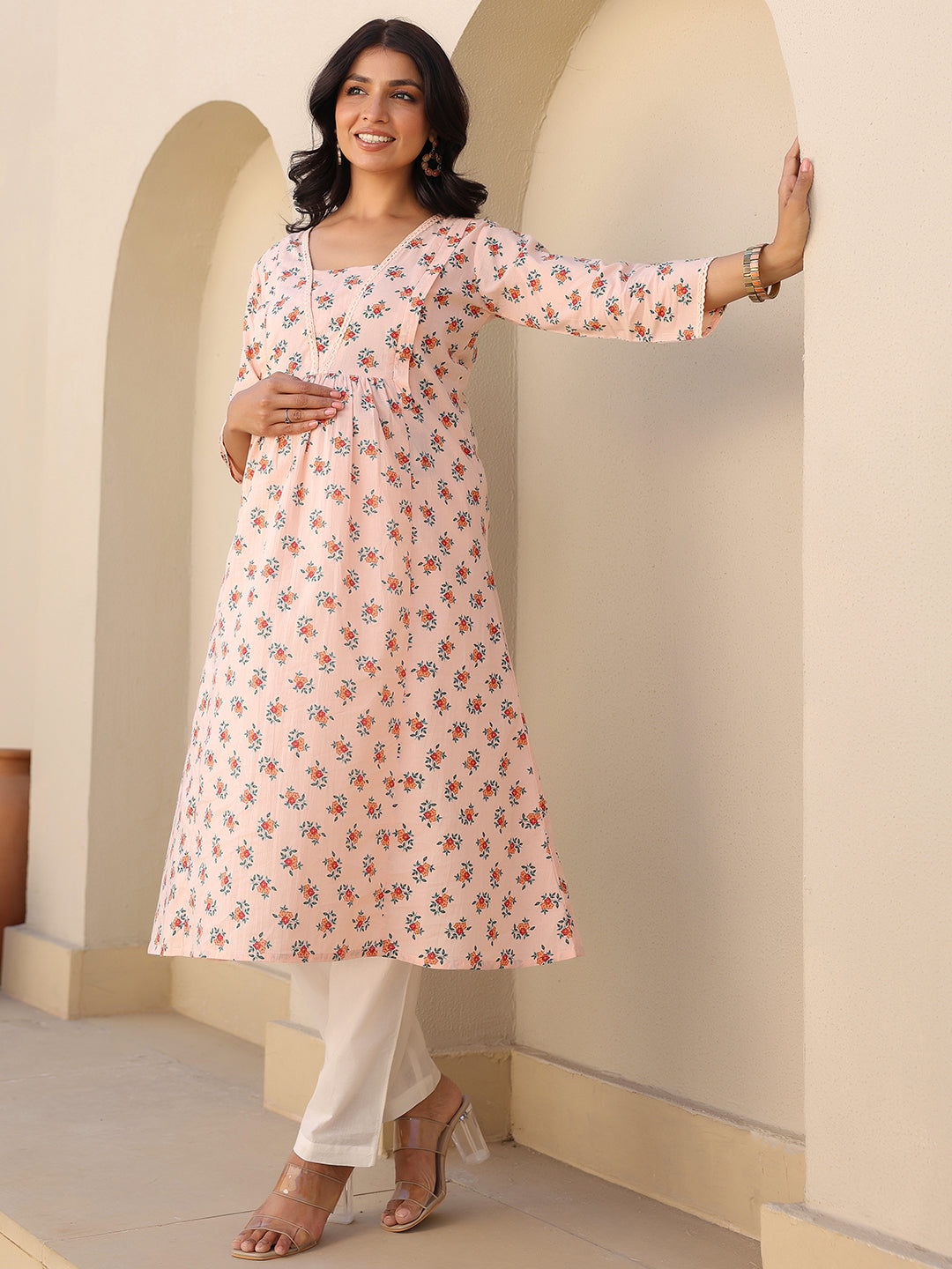 Peach Pure Cotton Floral Printed A-line Maternity Kurta