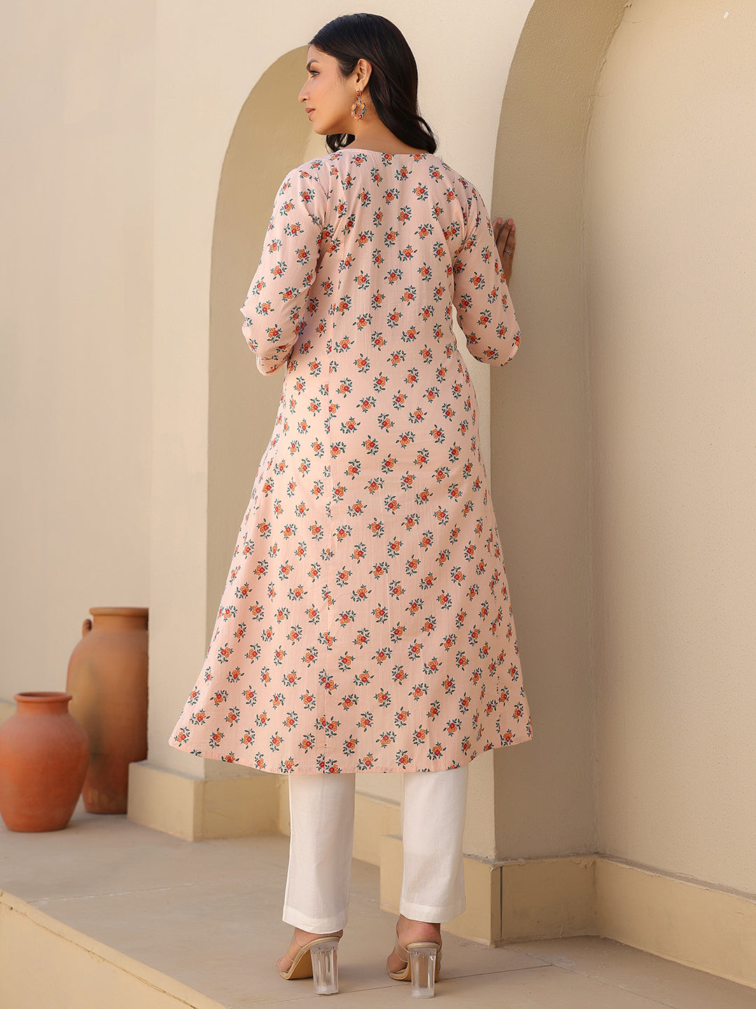 Peach Pure Cotton Floral Printed A-line Maternity Kurta