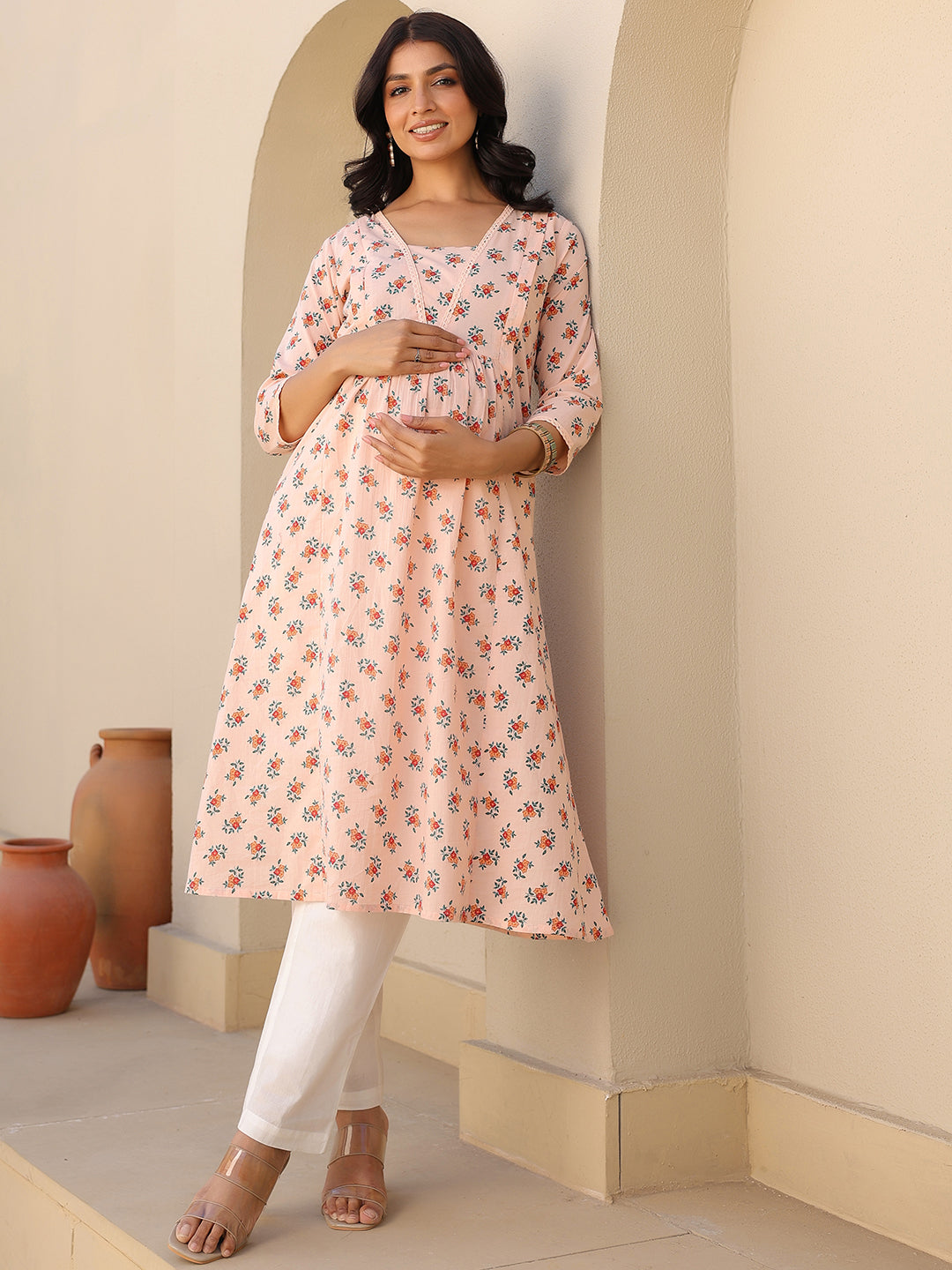 Peach Pure Cotton Floral Printed A-line Maternity Kurta