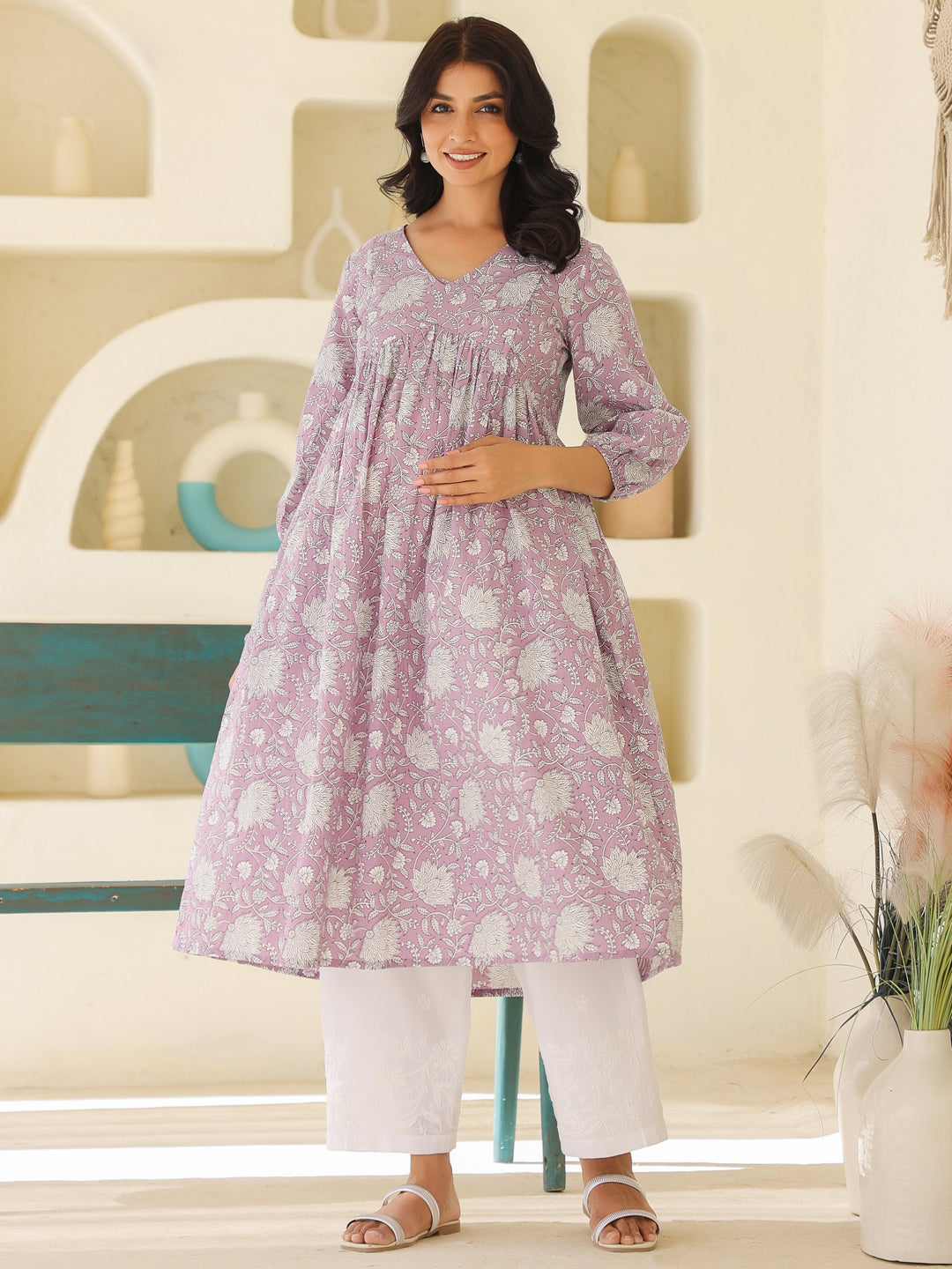 Lavender Pure Cotton Floral Printed A-line Maternity Kurta