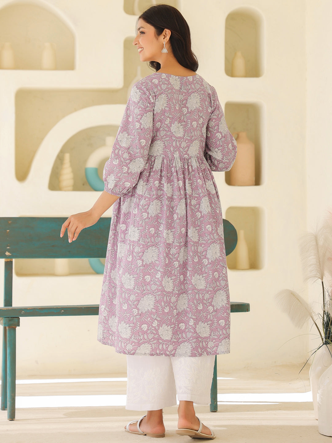 Lavender Pure Cotton Floral Printed A-line Maternity Kurta