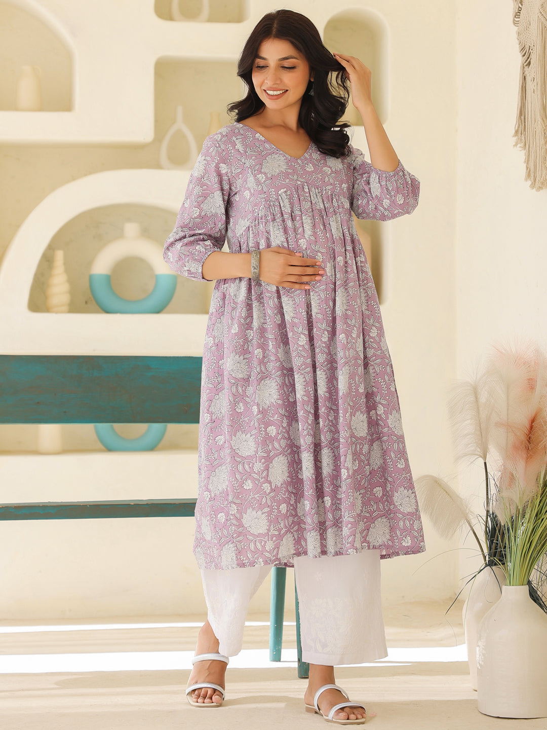 Lavender Pure Cotton Floral Printed A-line Maternity Kurta