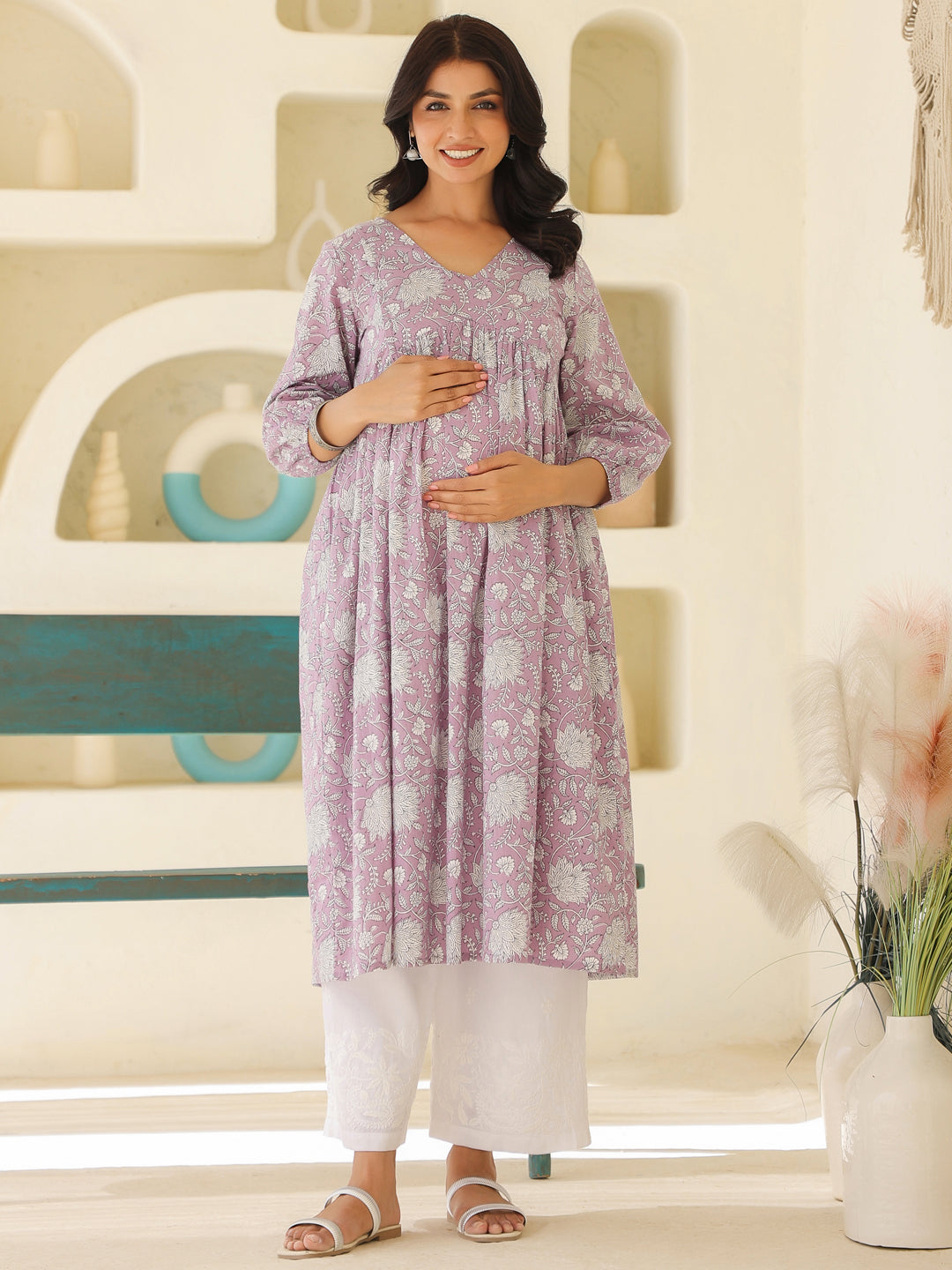 Lavender Pure Cotton Floral Printed A-line Maternity Kurta