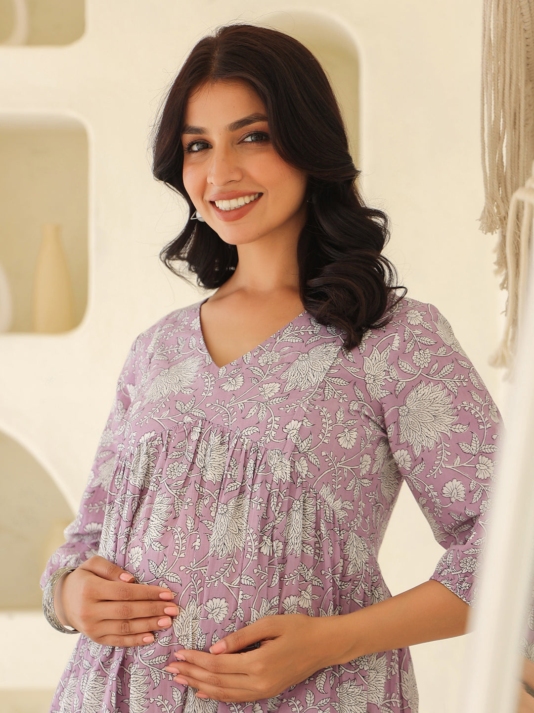 Lavender Pure Cotton Floral Printed A-line Maternity Kurta