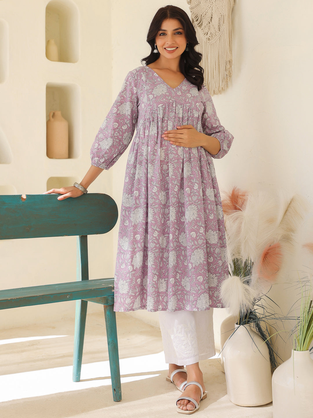 Lavender Pure Cotton Floral Printed A-line Maternity Kurta