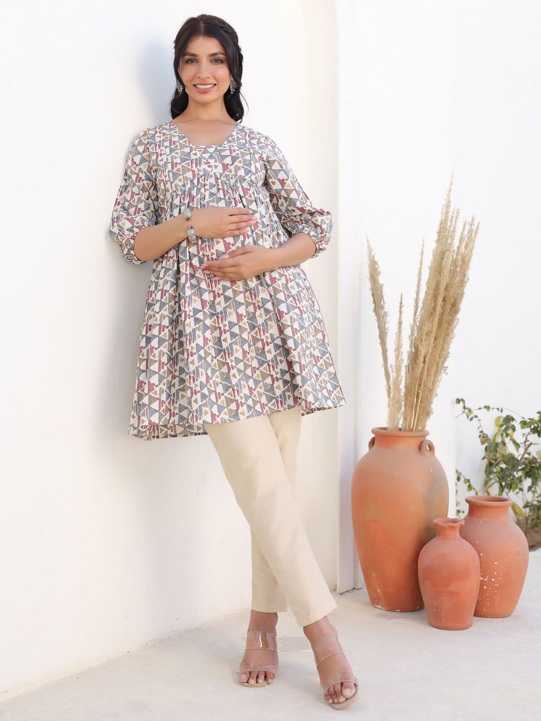 Cream Pure Cotton Geometric Printed A-line Maternity Tunic