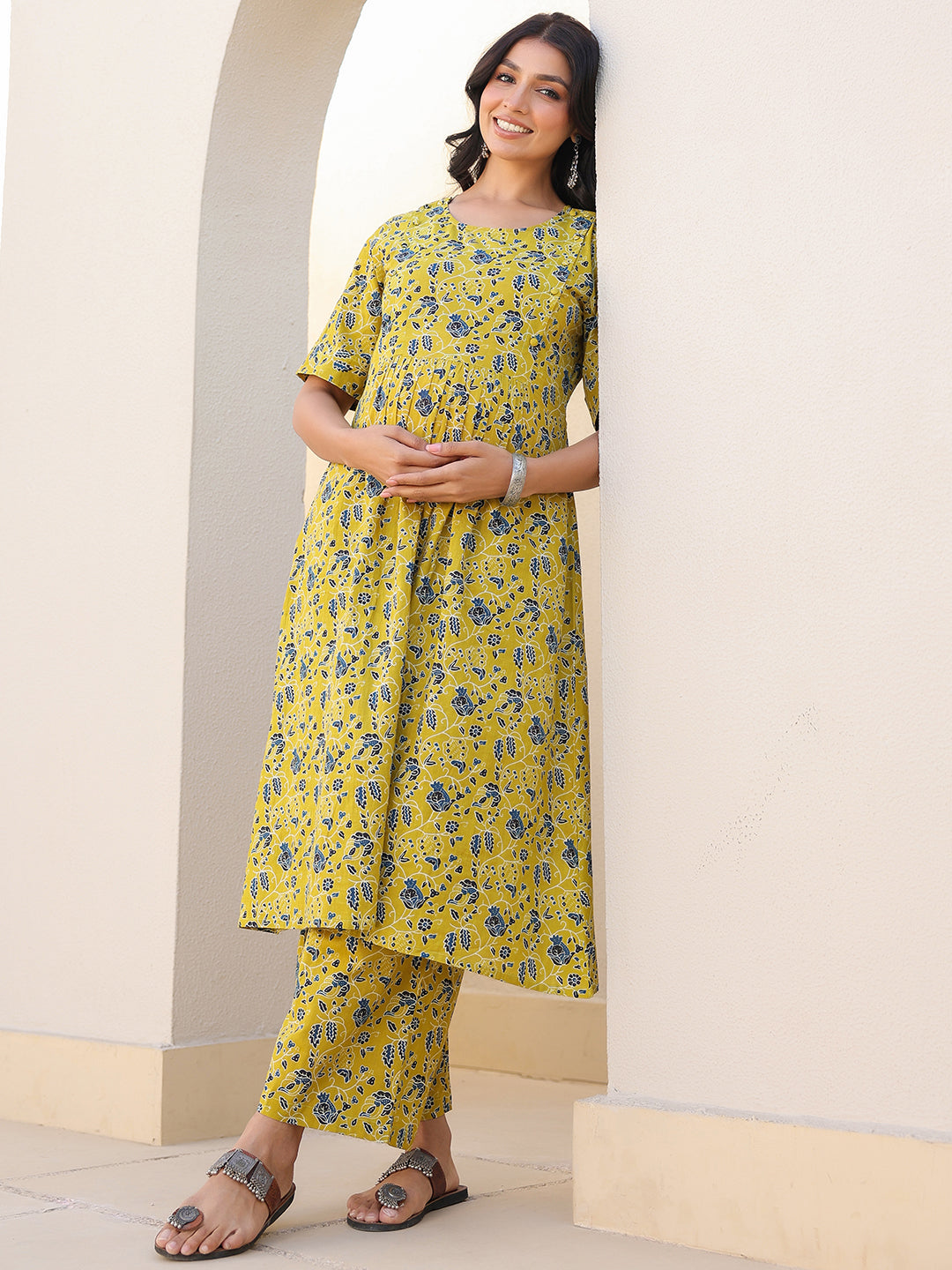 Yellow & Beige Paisley Printed A-line Kurta