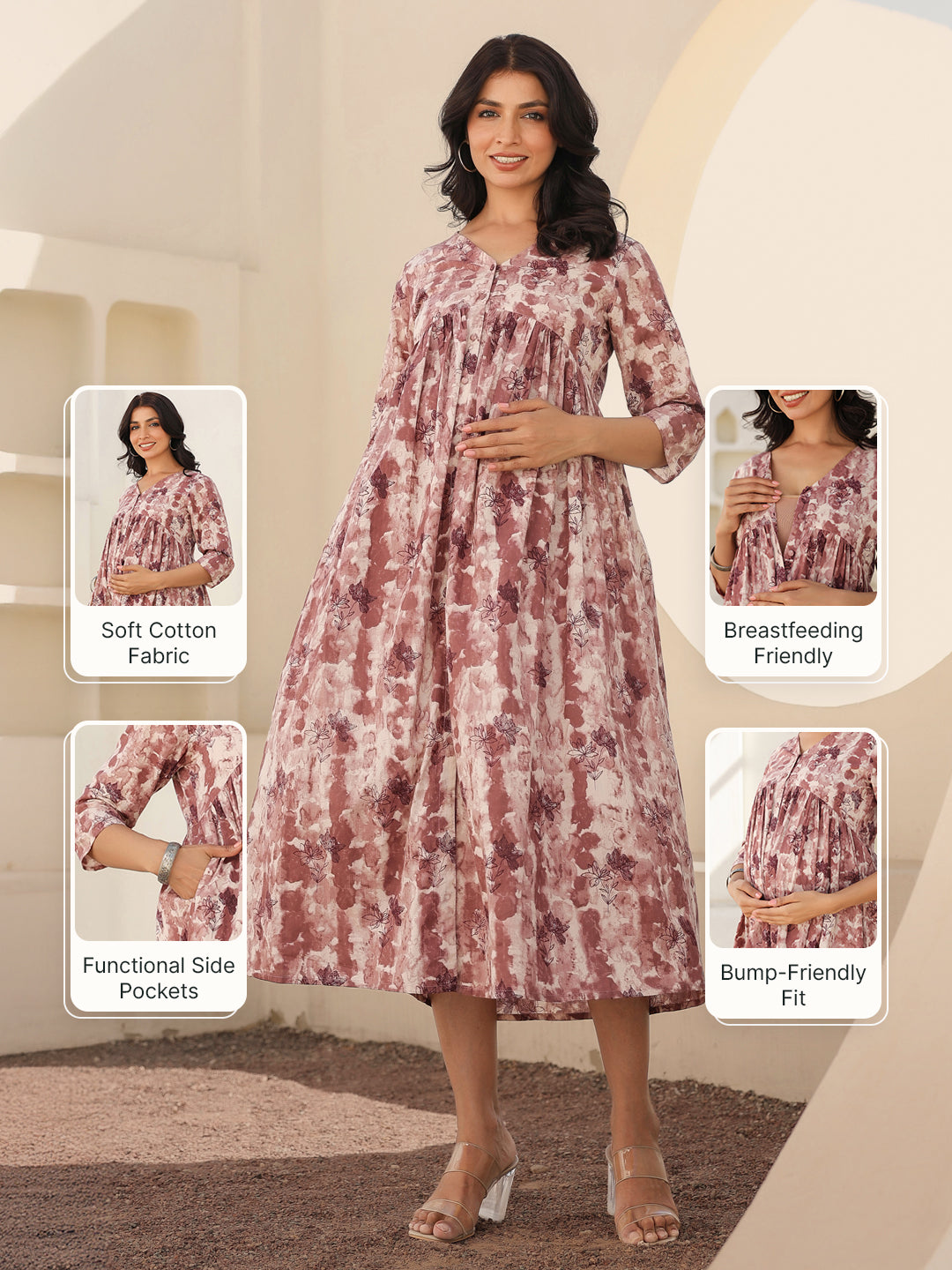 Mauve Pure Cotton Tie-dye A-line Maternity Dress