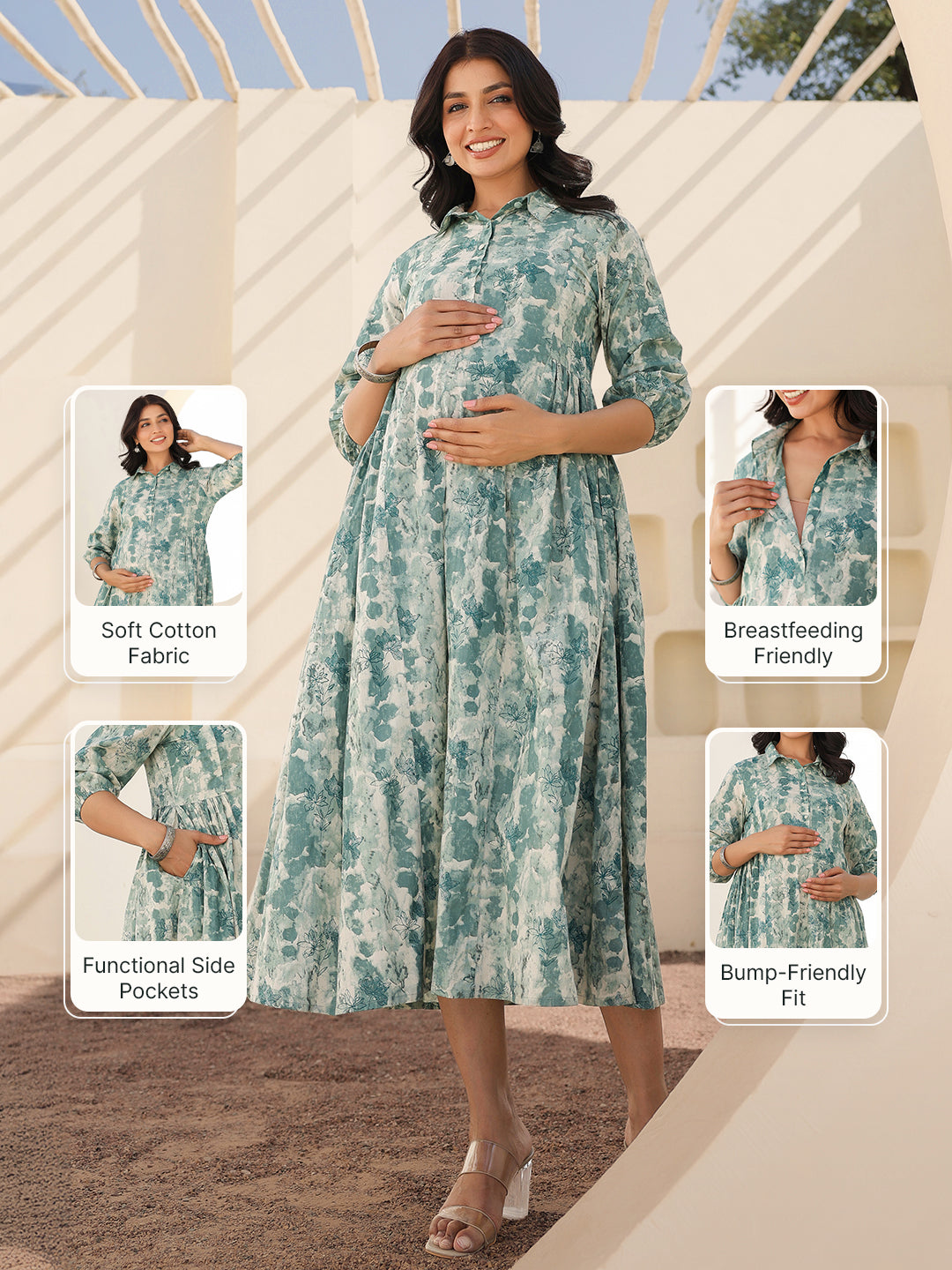 Sage Green Pure Cotton Tie-dye A-line Maternity Dress