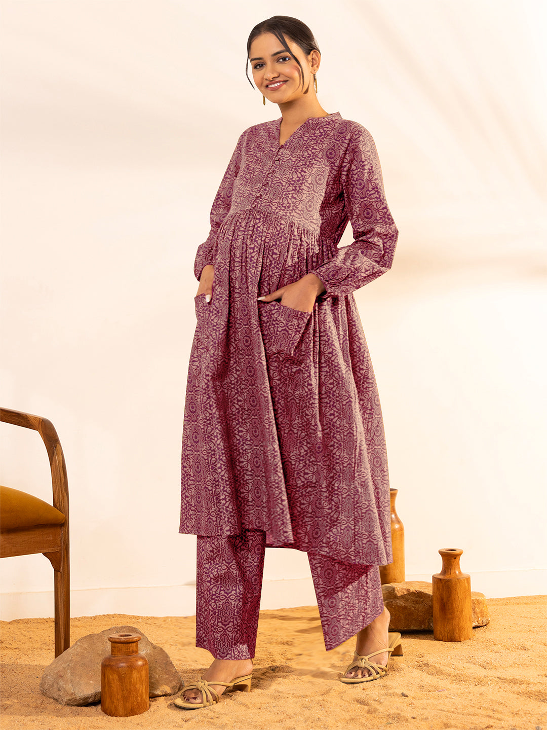 Magenta Pure Cotton Ethnic Motifs A-line Maternity Kurta Set