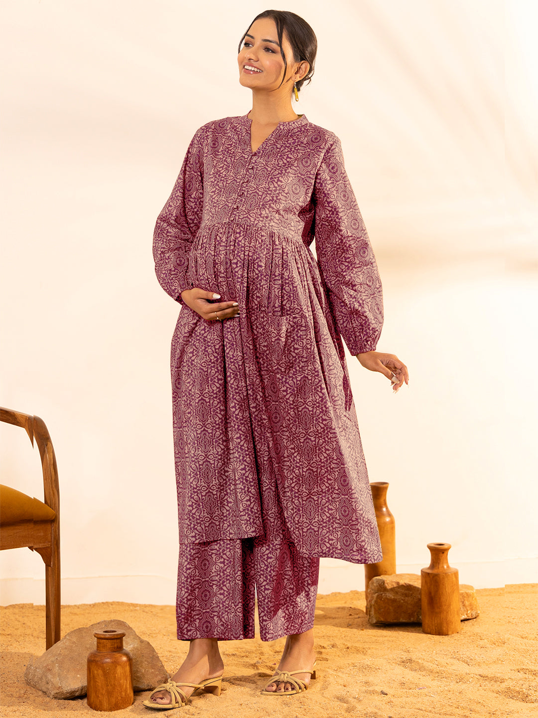 Magenta Pure Cotton Ethnic Motifs A-line Maternity Kurta Set