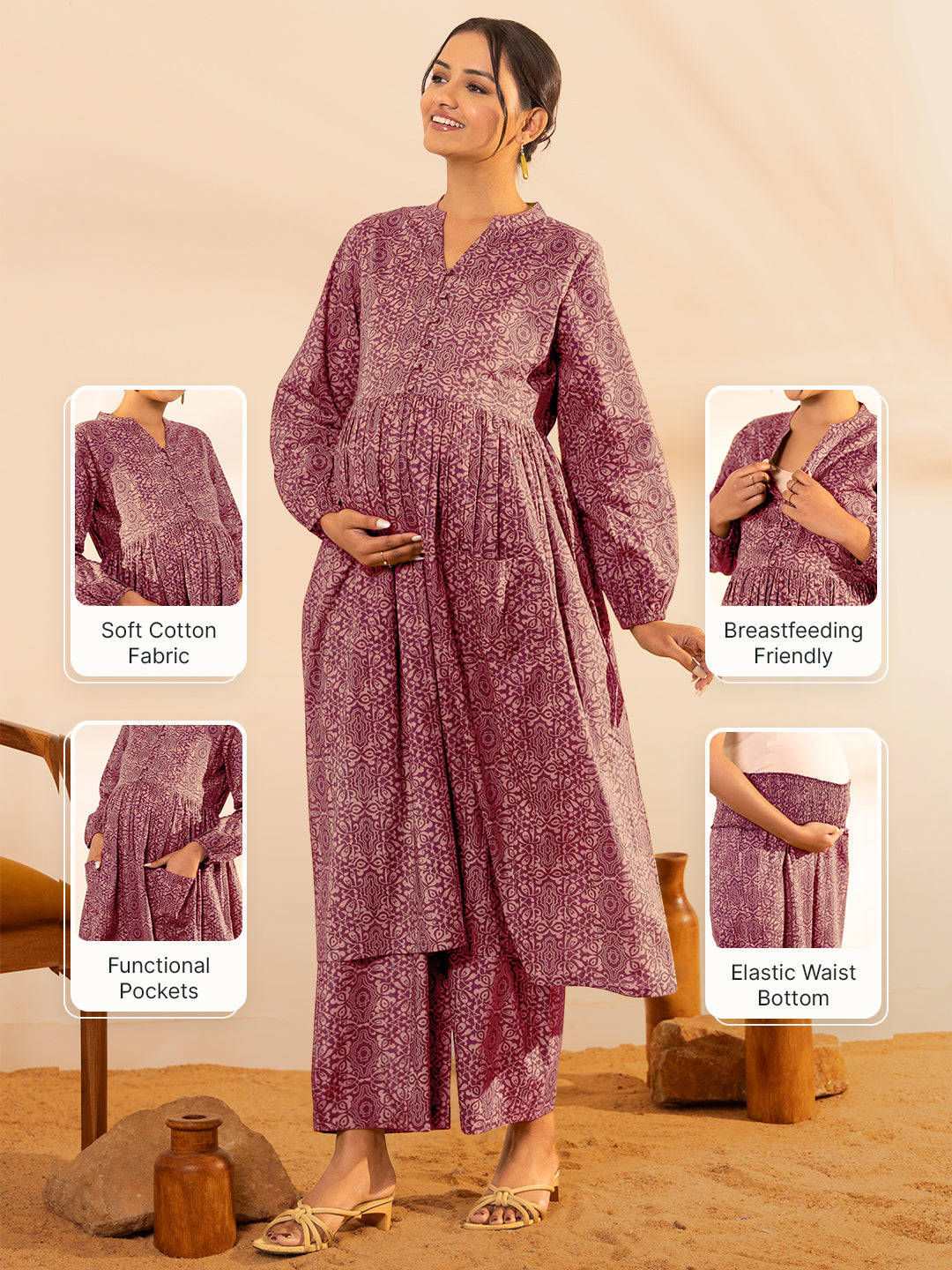 Magenta Pure Cotton Ethnic Motifs A-line Maternity Kurta Set