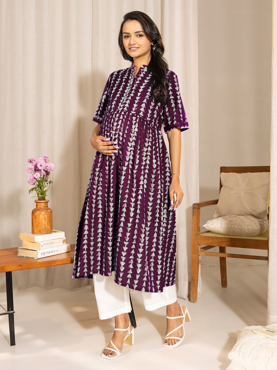 Wine Pure Cotton Geometric Printed A-Line Kurta