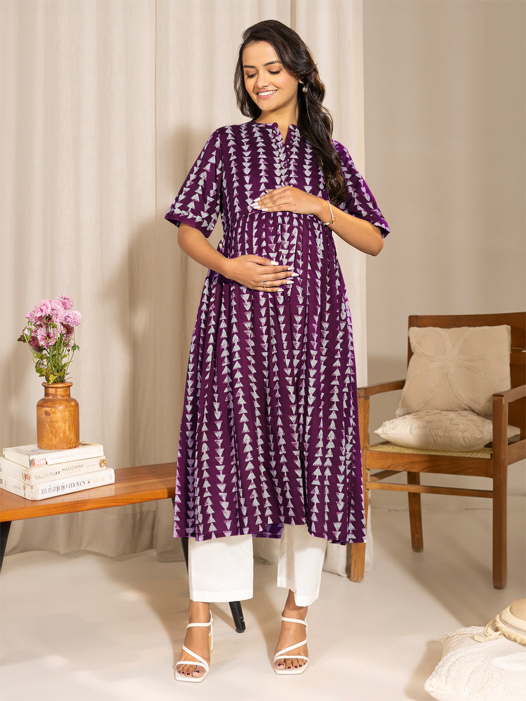 Wine Pure Cotton Geometric Printed A-Line Kurta