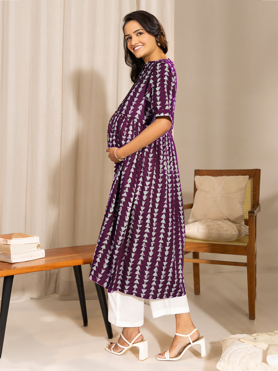 Wine Pure Cotton Geometric Printed A-Line Kurta