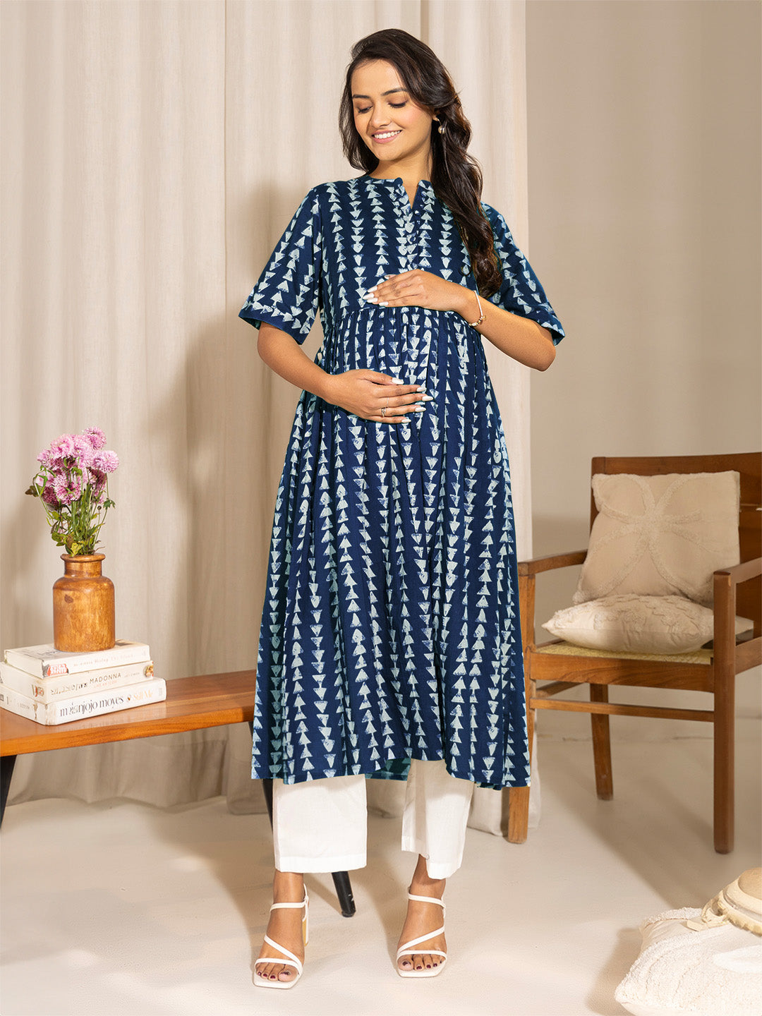 Indigo Pure Cotton Geometric Printed A-line Maternity Kurta