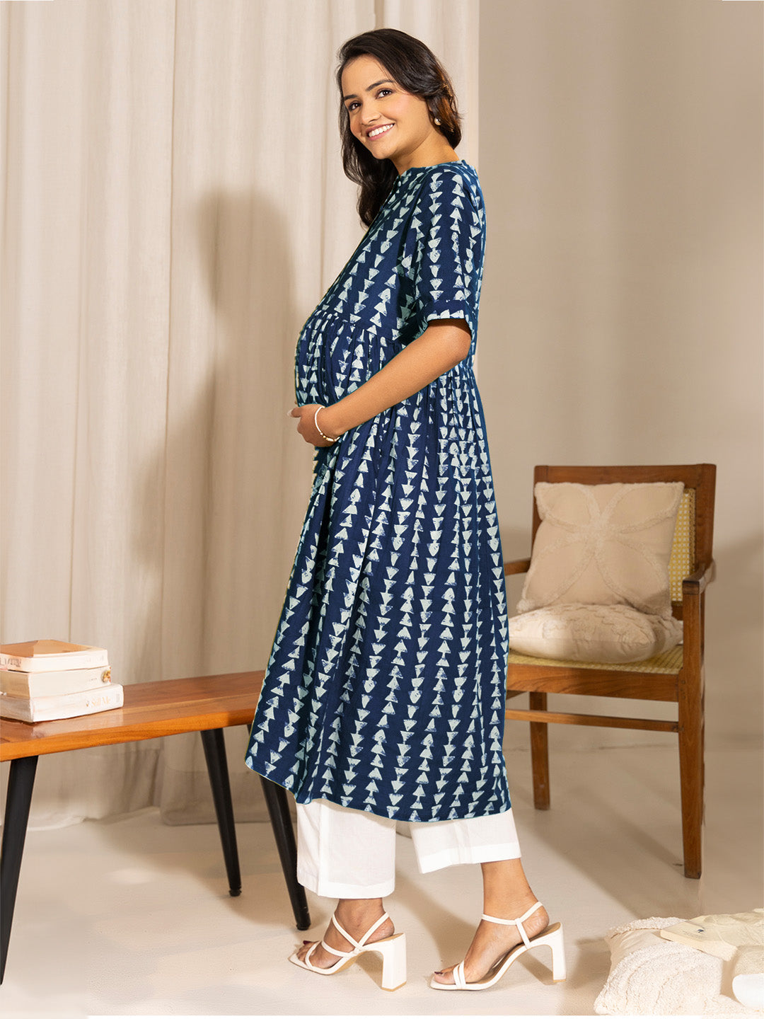 Indigo Pure Cotton Geometric Printed A-line Maternity Kurta