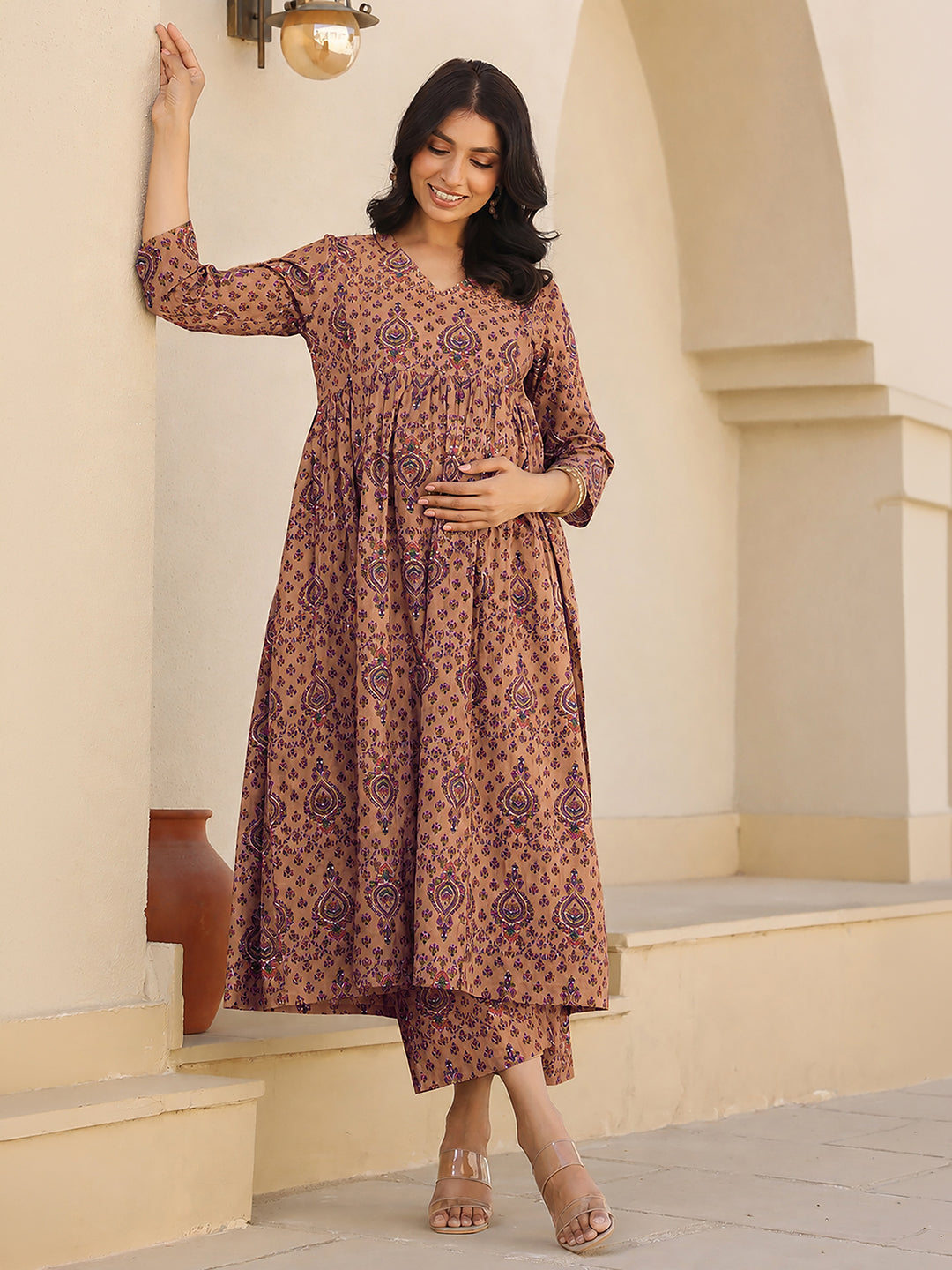 Janasya Women's light Brown Pure Cotton Ethnic Motifs Printed A-Line Maternity Kurta with Pant Set