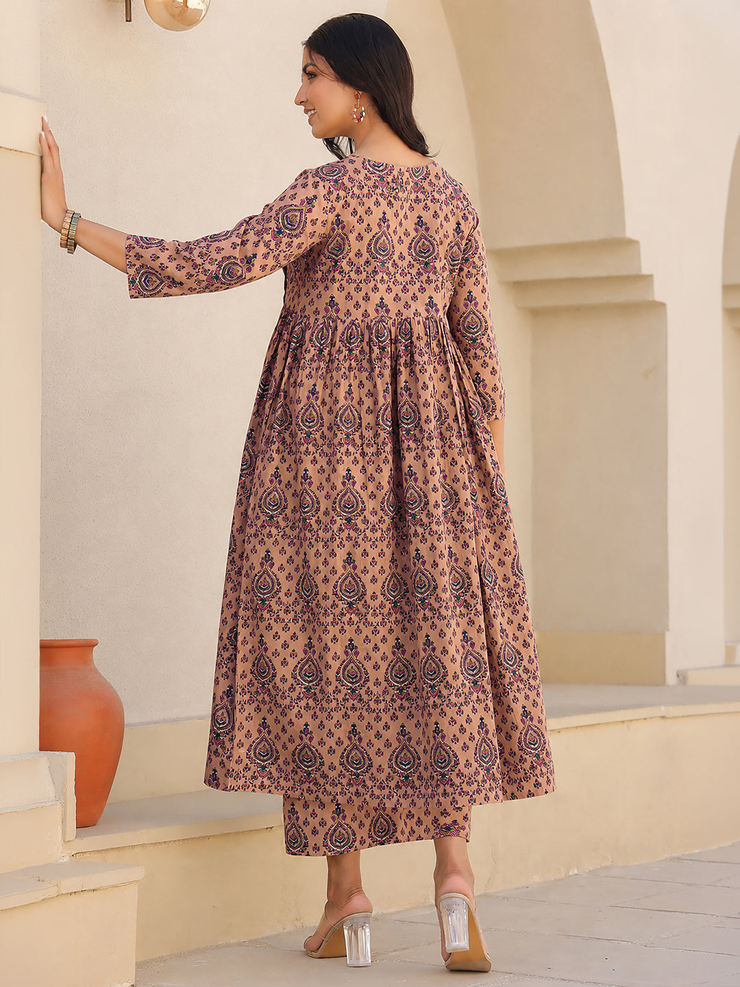 Janasya Women's light Brown Pure Cotton Ethnic Motifs Printed A-Line Maternity Kurta with Pant Set