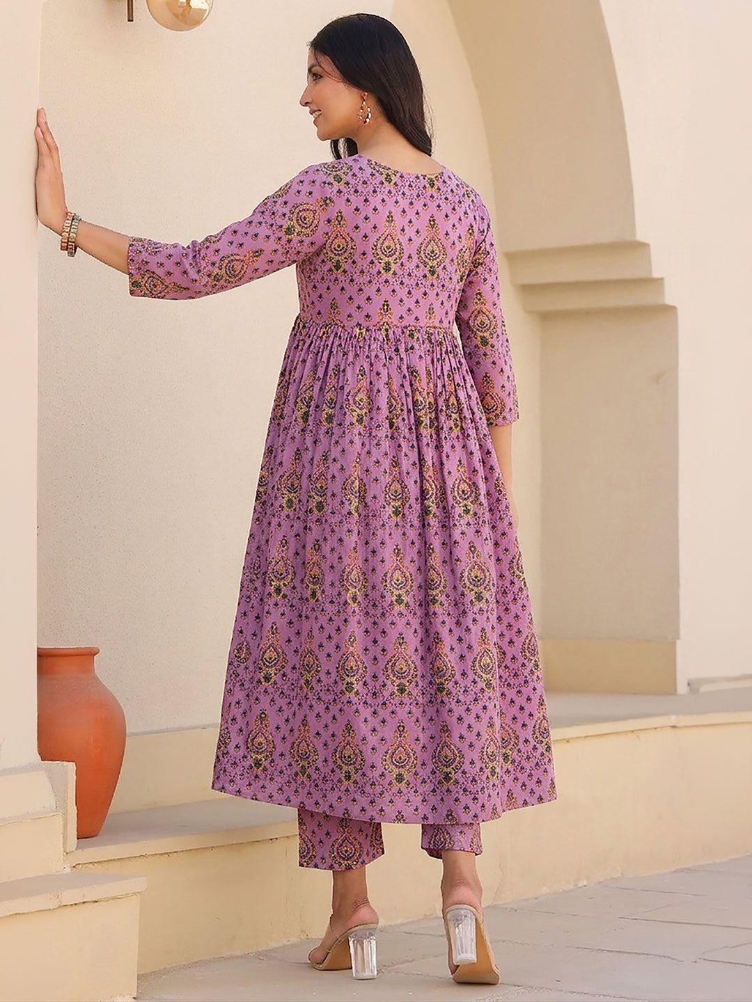 Janasya Women's Lavender Pure Cotton Ethnic Motifs Printed A-Line Maternity Kurta with Pant Set
