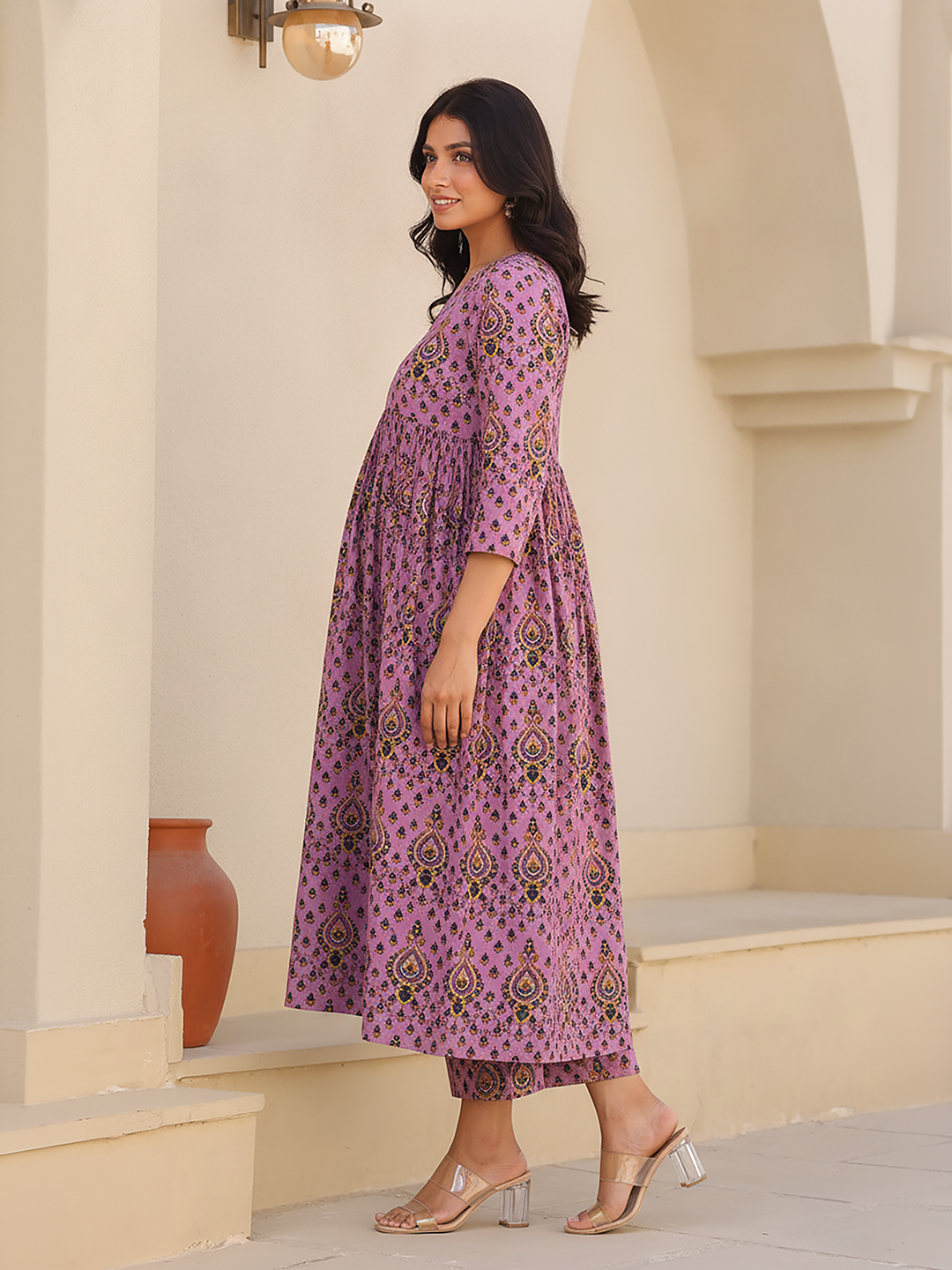 Janasya Women's Lavender Pure Cotton Ethnic Motifs Printed A-Line Maternity Kurta with Pant Set