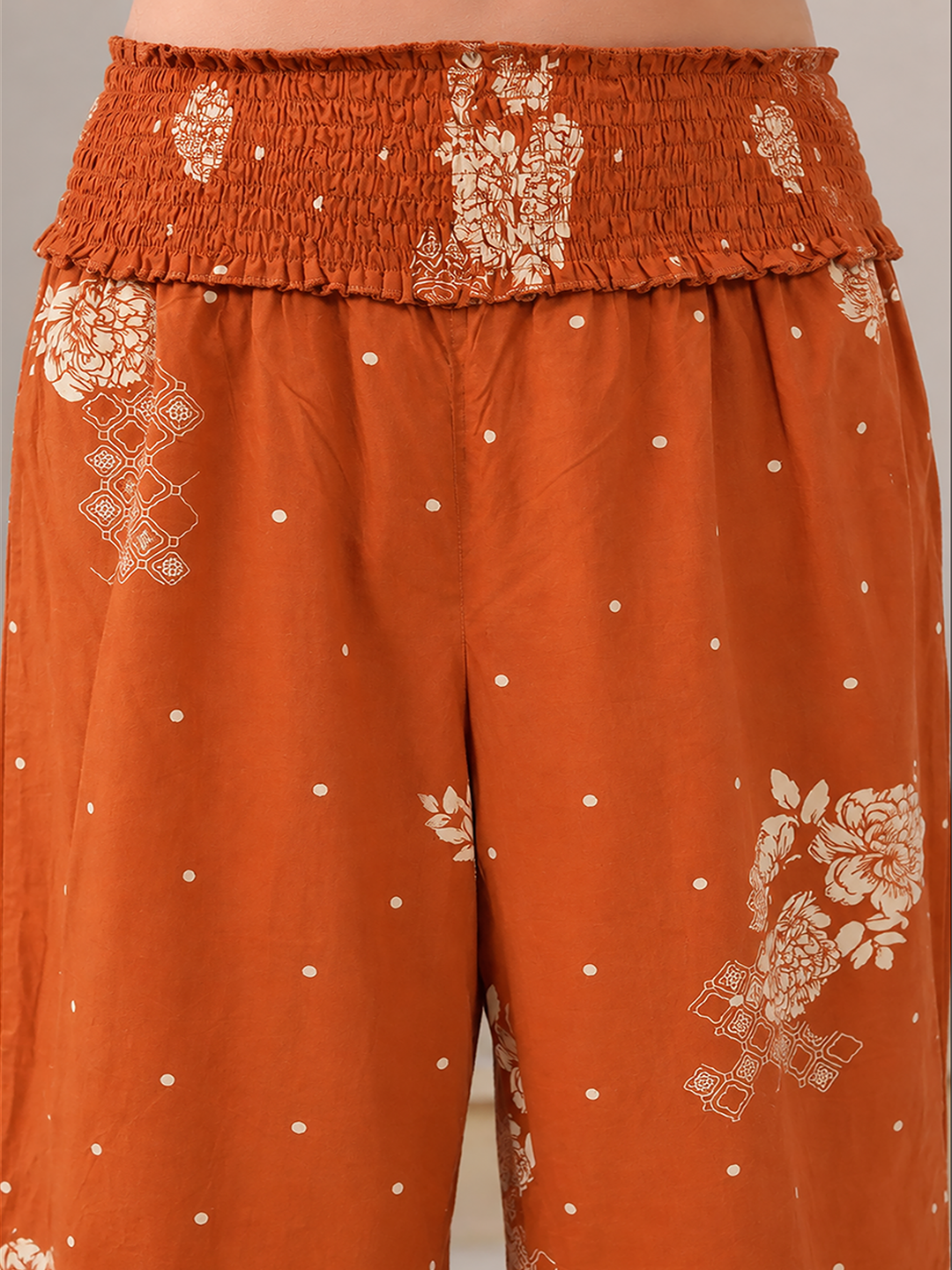 Janasya Women's Maternity Orange Pure Cotton Floral Printed A-Line Kurta Pant Set
