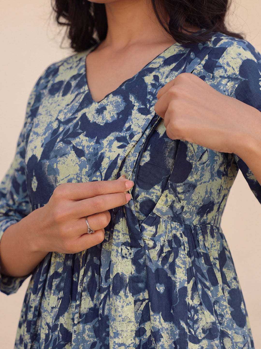 Janasya Women's Navy Blue Pure Cotton Floral Printed A-Line Maternity Co-Ord Set