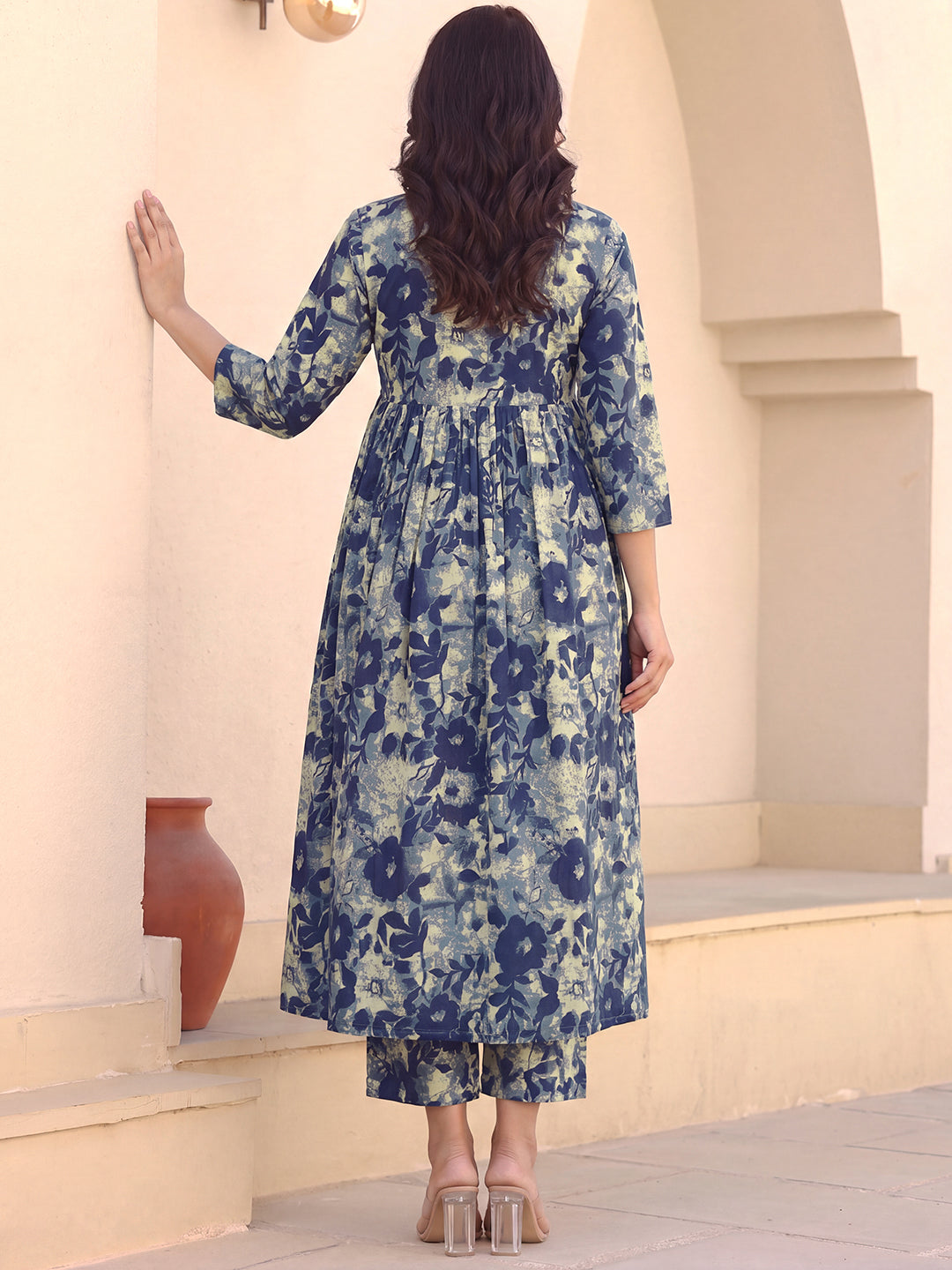 Janasya Women's Navy Blue Pure Cotton Floral Printed A-Line Maternity Co-Ord Set