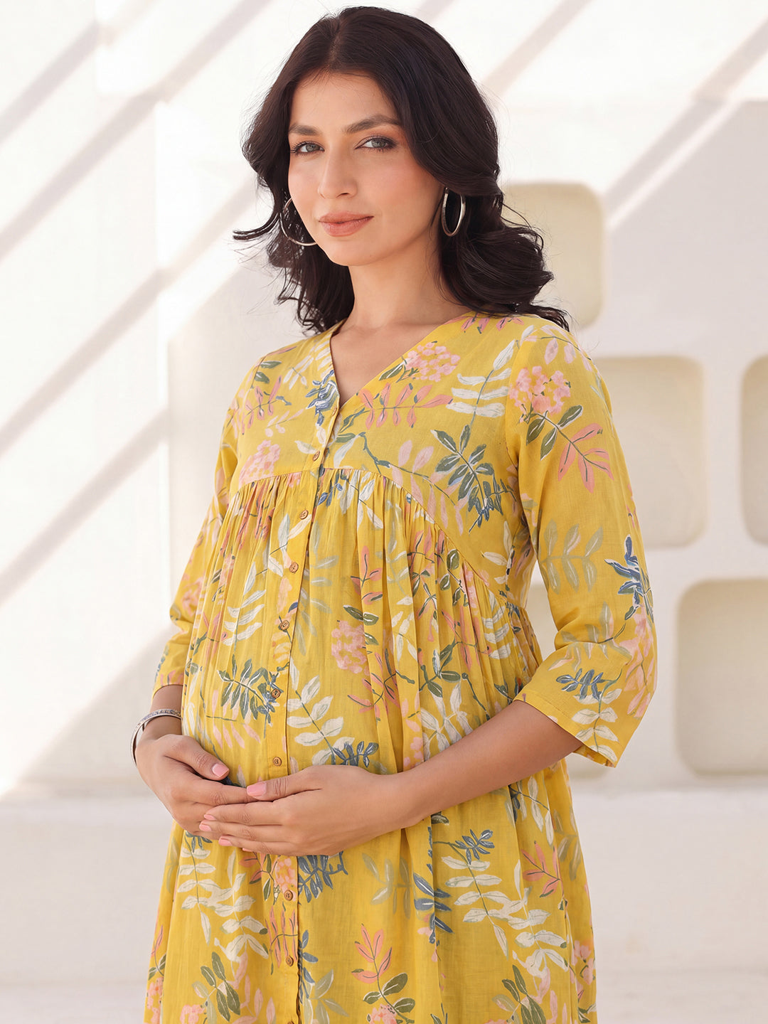 Janasya Women's Maternity Yellow Pure Cotton Leaf Printed A-Line Dress