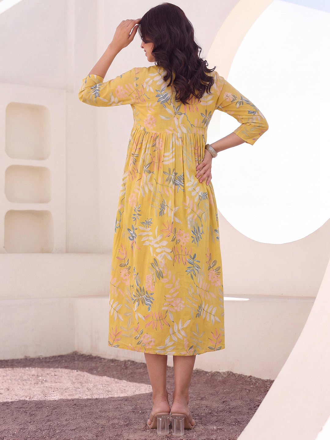 Janasya Women's Maternity Yellow Pure Cotton Leaf Printed A-Line Dress