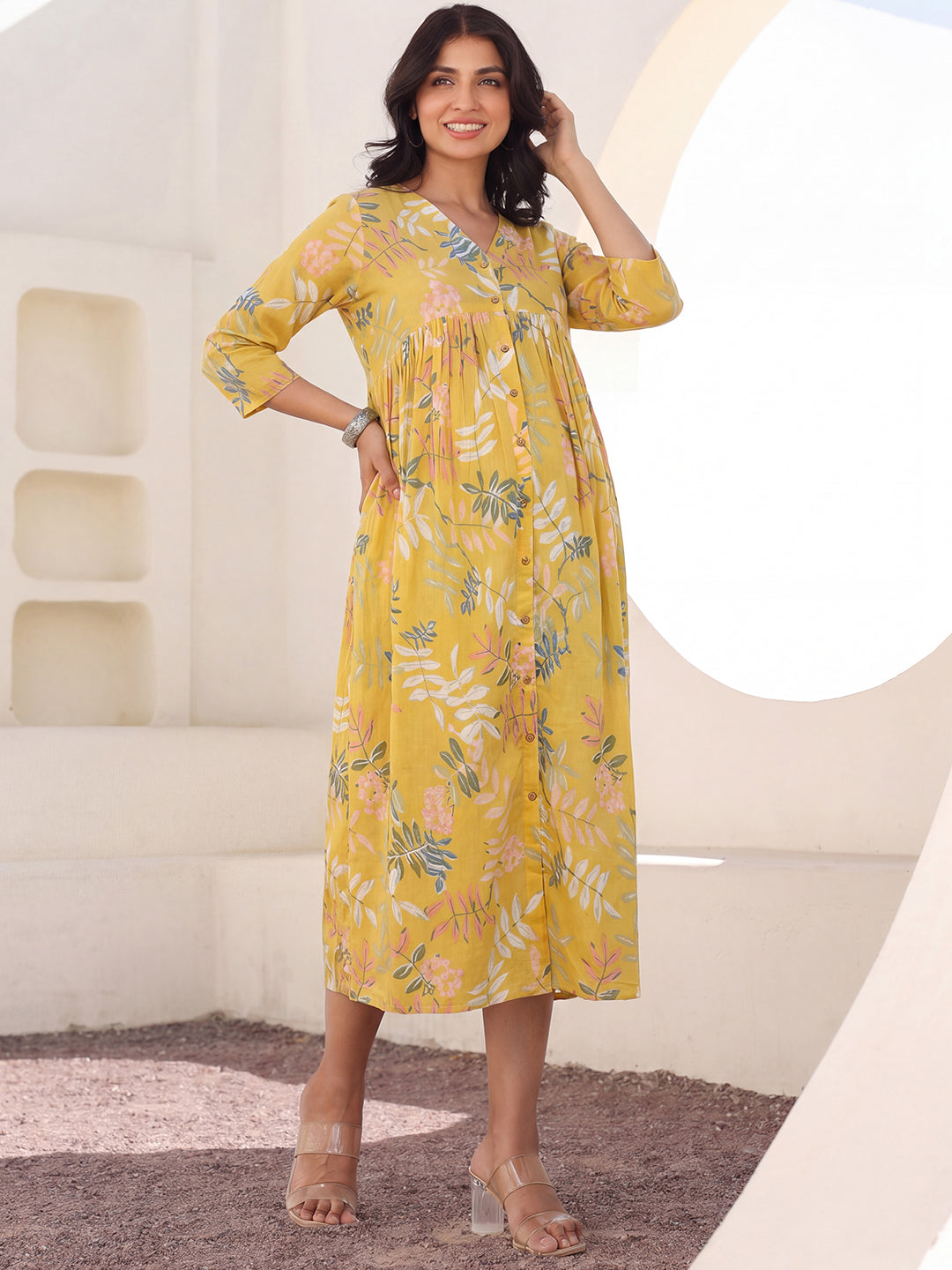 Janasya Women's Maternity Yellow Pure Cotton Leaf Printed A-Line Dress