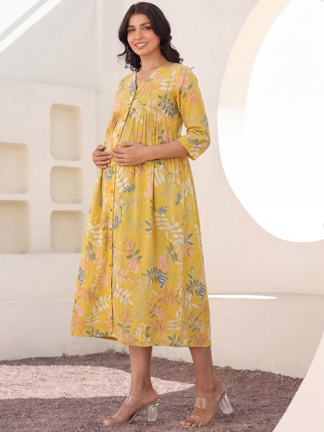 Janasya Women's Maternity Yellow Pure Cotton Leaf Printed A-Line Dress