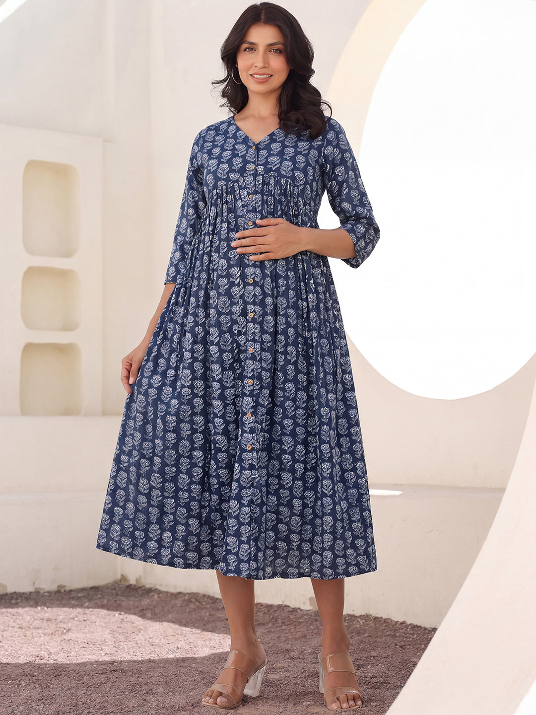 Janasya Women's Navy Blue Pure Cotton Floral Printed A-Line Maternity Dress