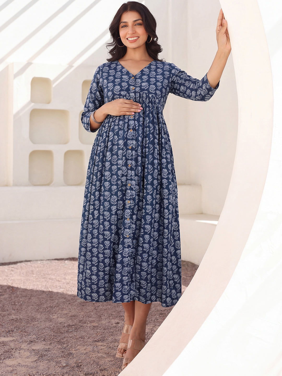 Janasya Women's Navy Blue Pure Cotton Floral Printed A-Line Maternity Dress