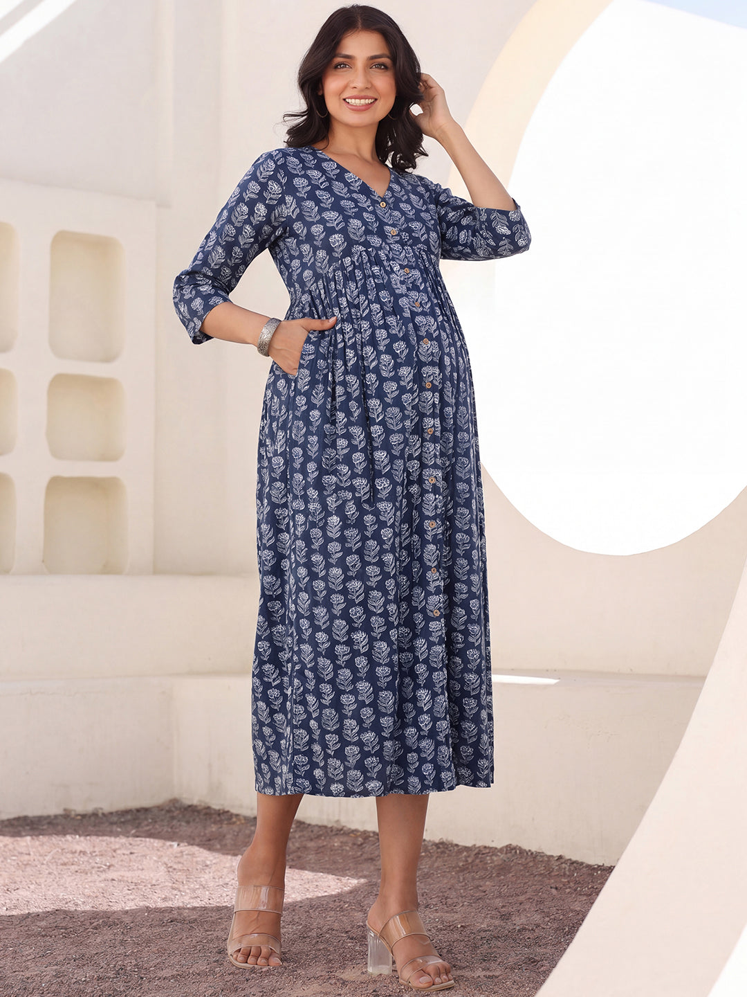 Janasya Women's Navy Blue Pure Cotton Floral Printed A-Line Maternity Dress
