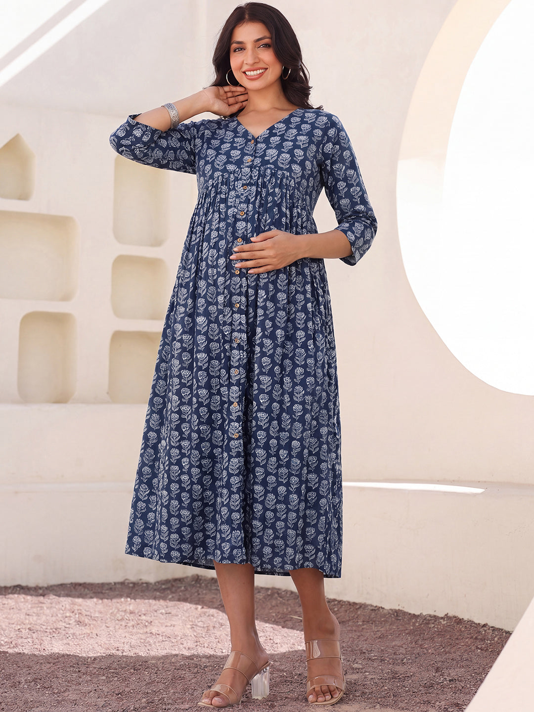 Janasya Women's Navy Blue Pure Cotton Floral Printed A-Line Maternity Dress