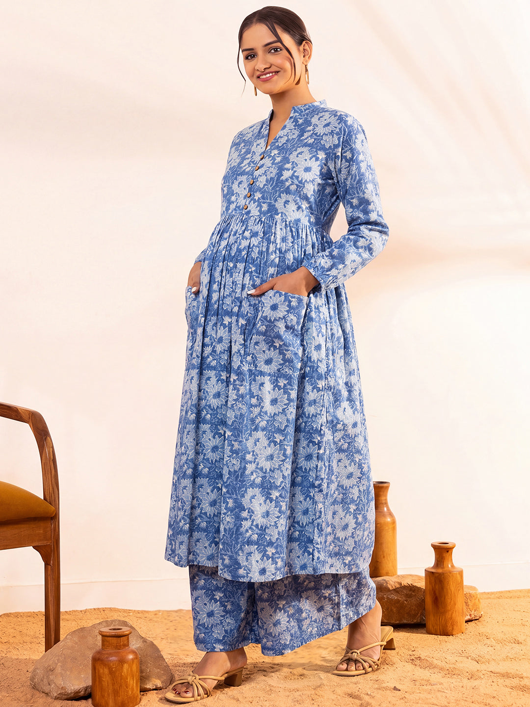 Janasya Women's Blue Pure Cotton Floral Printed A-Line Maternity Kurta Pant Set