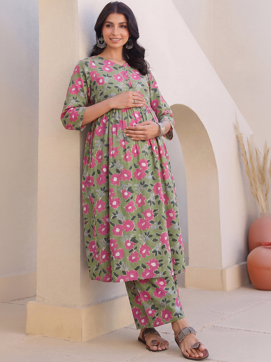 Janasya Women's Olive Green Pure Cotton Floral Printed A-Line Maternity Kurta Pant Set