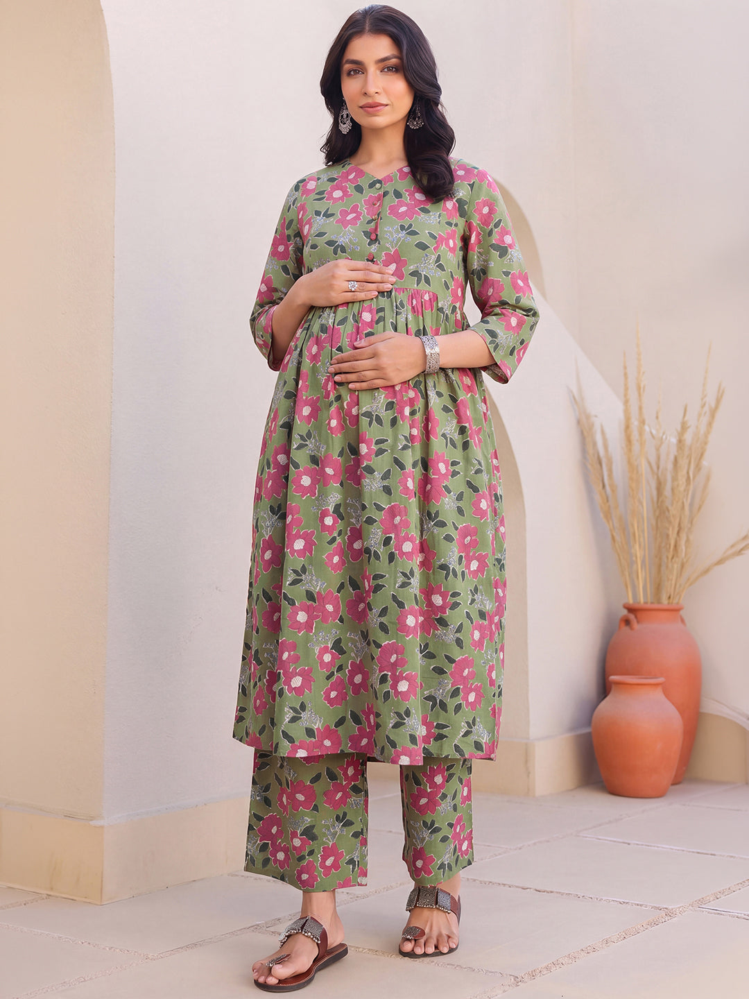 Janasya Women's Olive Green Pure Cotton Floral Printed A-Line Maternity Kurta Pant Set