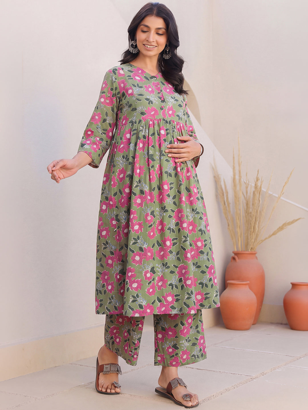 Janasya Women's Olive Green Pure Cotton Floral Printed A-Line Maternity Kurta Pant Set