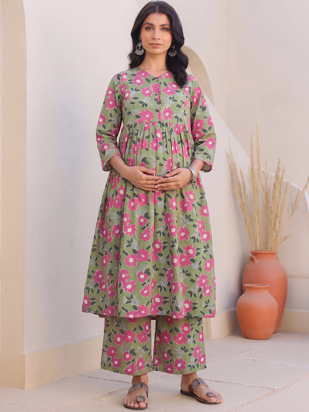 Janasya Women's Olive Green Pure Cotton Floral Printed A-Line Maternity Kurta Pant Set
