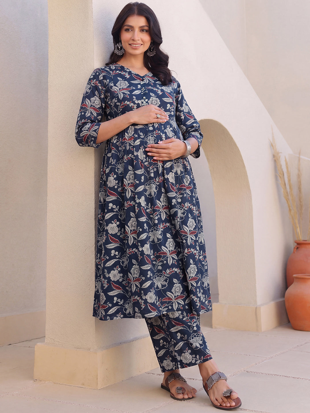 Janasya Women's Navy Blue Pure Cotton Floral Printed A-Line Maternity Kurta Pant Set