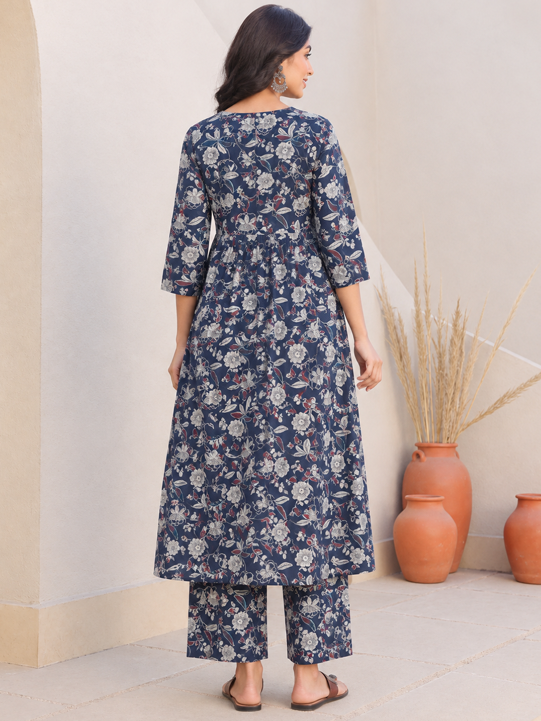 Janasya Women's Navy Blue Pure Cotton Floral Printed A-Line Maternity Kurta Pant Set