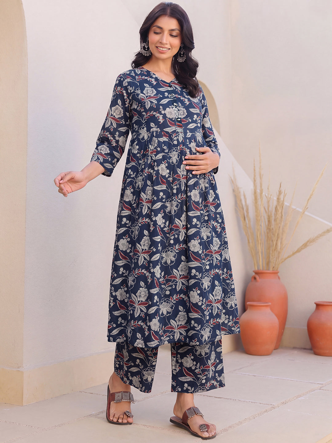 Janasya Women's Navy Blue Pure Cotton Floral Printed A-Line Maternity Kurta Pant Set