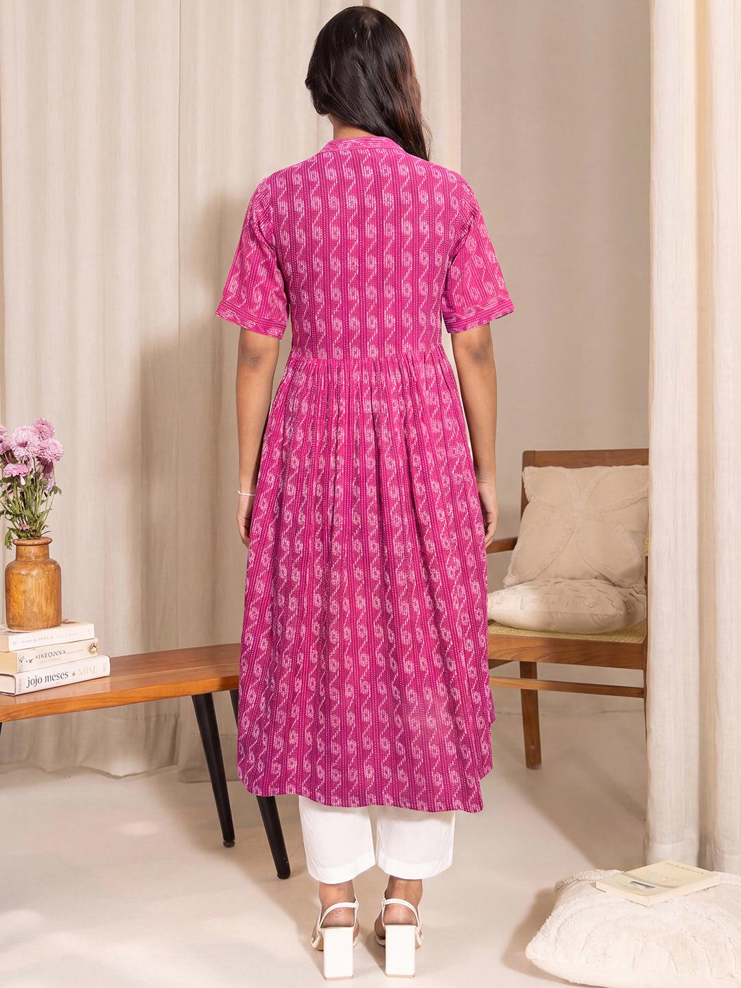 Janasya Women's Pink Pure Cotton Ikkat Printed A-Line Maternity Kurta
