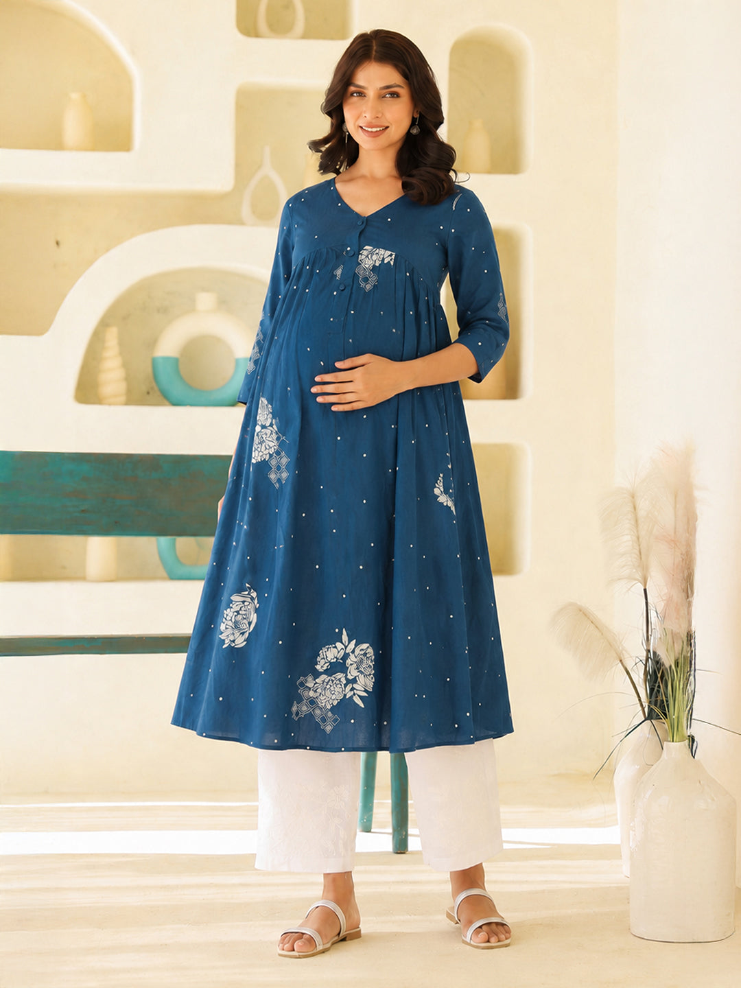 Janasya Women's Maternity Teal Blue Pure Cotton Floral Printed A-Line Kurta